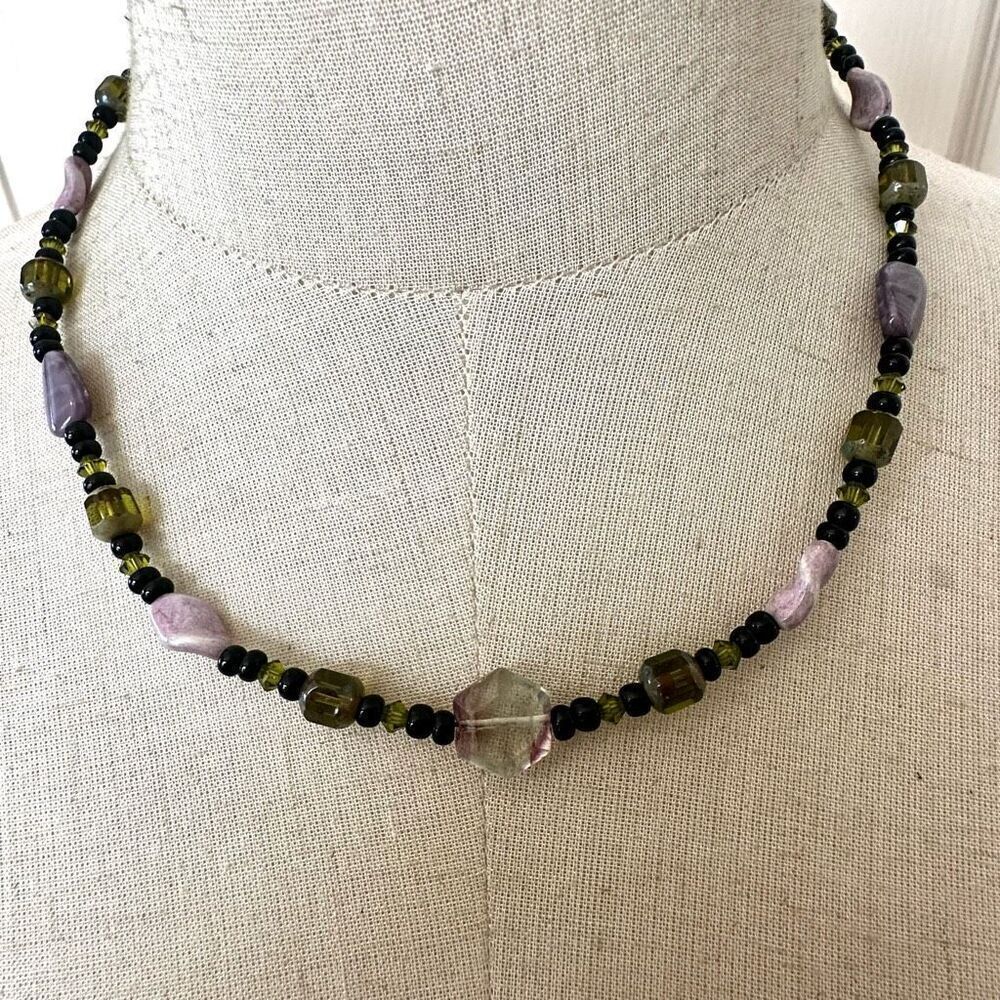 Purple and green sterling silver crystal  beaded necklace